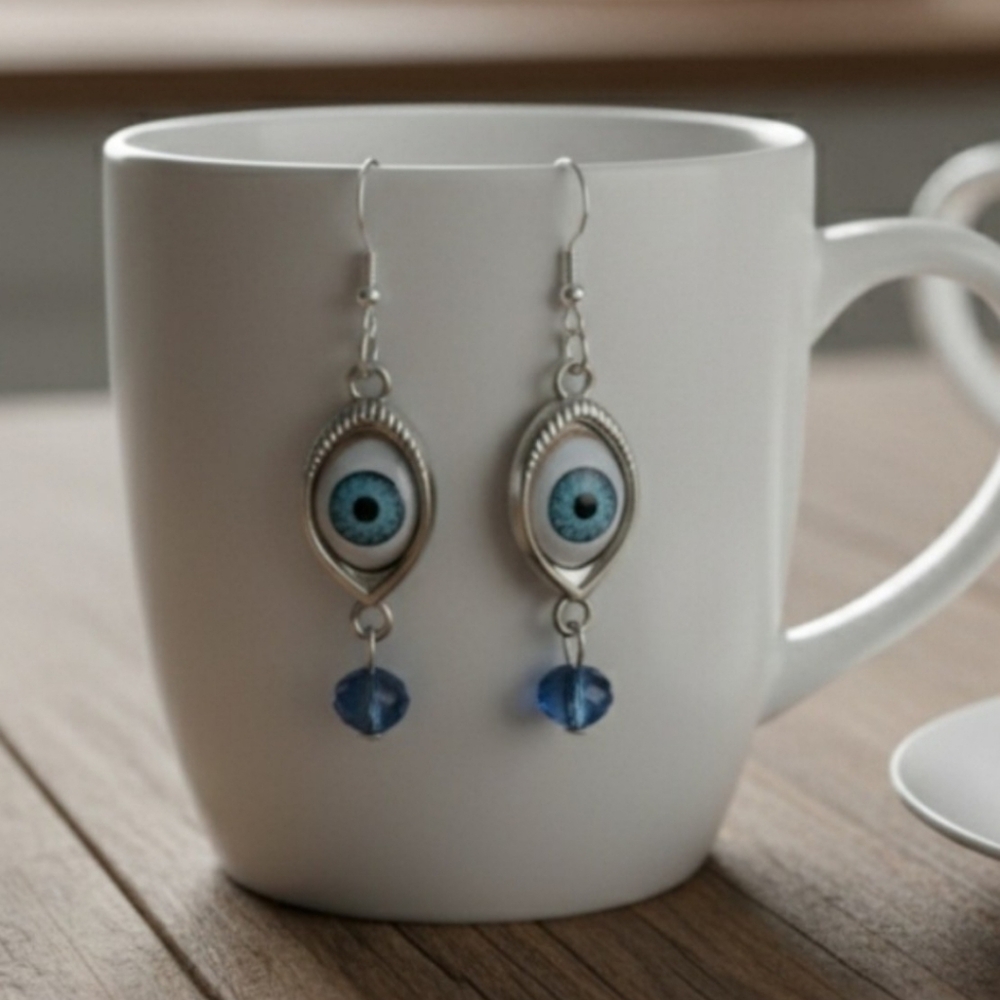 Mystic Blue Evil Eye Dangle Earrings. 6 Cm - Picture 3 of 5